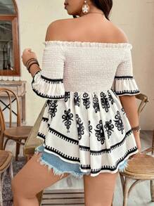 SHEIN Clasi 大码休闲节日印花露肩收腰不对称下摆衬衫 - 杏色 - 查看 2