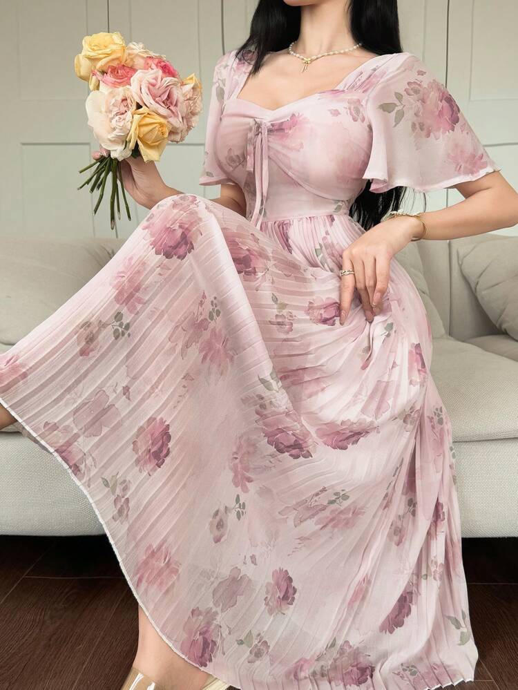 All-Over Floral Print Square Neck Ruffle Sleeve Pleated Midi Dress For Women Cocktail Dress