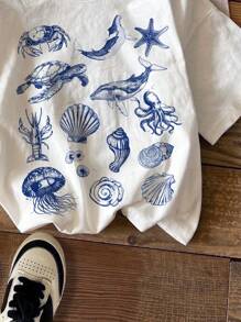 SHEIN Camiseta de manga corta de cuello redondo con estampado de criaturas marinas de dibujos animados casual y sencilla para niños jóvenes, adecuada para el verano