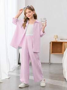 SHEIN Tween Girls Casual Street Striped Loose Drop Shoulder Shirt + Striped Loose Wide Leg Pants 3-Piece Set - Baby Pink - View 1