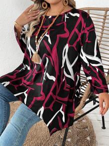 SHEIN CURVE+ Camiseta suelta de manga 3/4 con cuello redondo y bajo asimétrico para mujer de talla grande, con estampados de San Valentín, rosa, corazón, lunares, amor, labios, Cupido, flores 3D