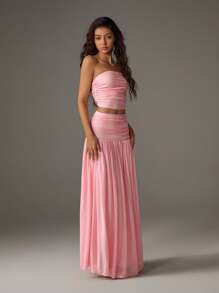 TRNVIE 2pcs/Set Women Summer Holiday Romantic Pink Mesh Bandeau Top And High Waist Pleated Mesh Maxi Skirt - Pink - View 3