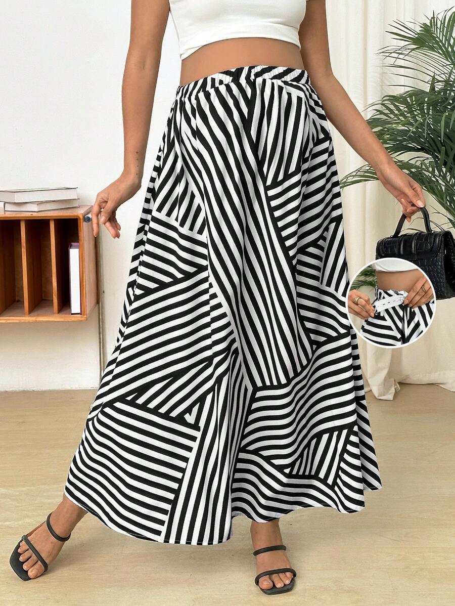 SHEIN 几何图案拼布印花 A 字裙 - 黑與白 - 查看 1