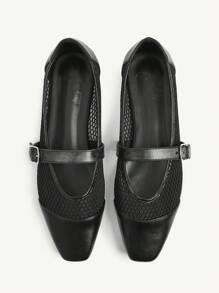 CUCCOO CHICEST 女士网眼拼布方头平底优雅浪漫休闲黑色网眼平底玛丽珍鞋，适合下午茶、约会、优雅装扮、度假 - 黑色 - 查看 1