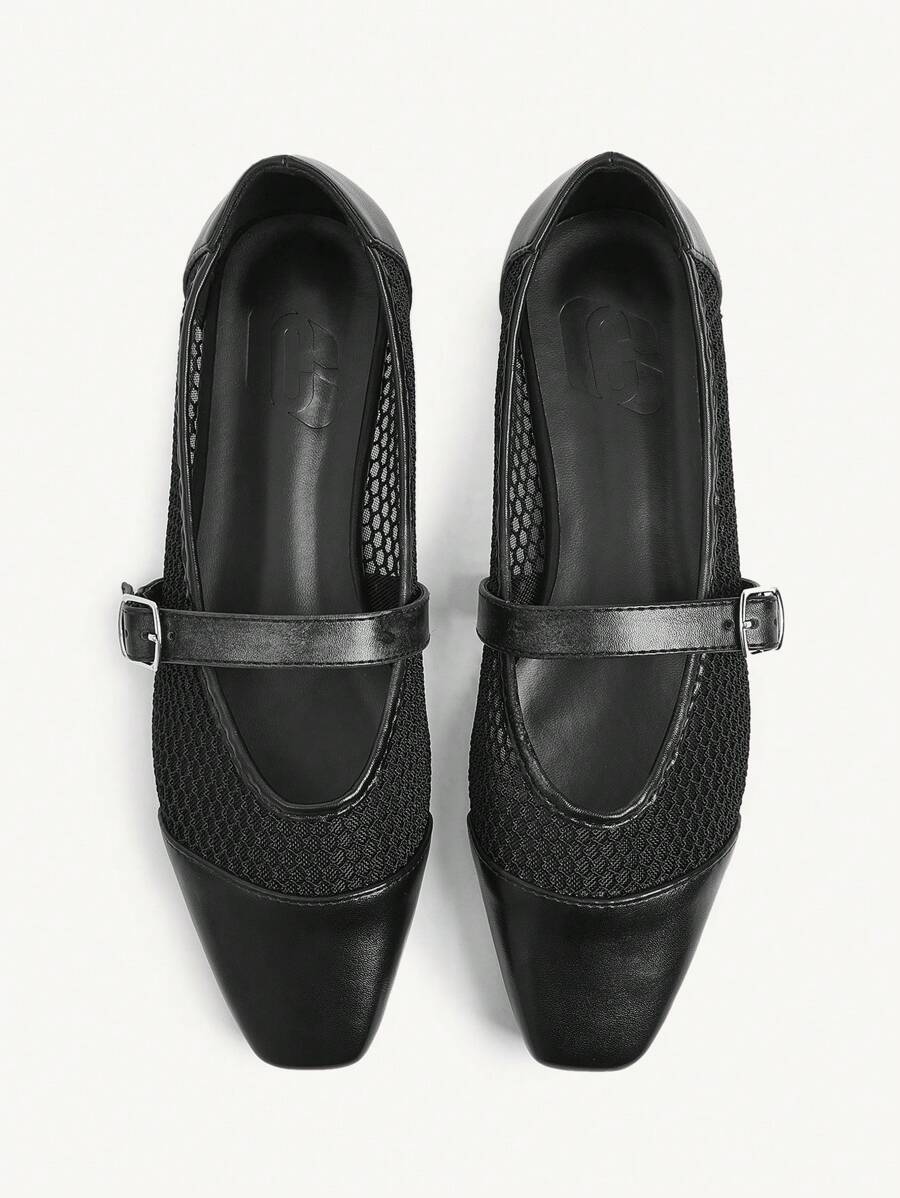 CUCCOO CHICEST 女士网眼拼布方头平底优雅浪漫休闲黑色网眼平底玛丽珍鞋，适合下午茶、约会、优雅装扮、度假 - 黑色 - 查看 1