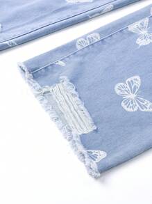 Tween Girl'' Casual Fashion Butterfly Print Ripped Washed Denim Straight Jeans,Holiday,Summer,Travel - Medium Wash - View 4