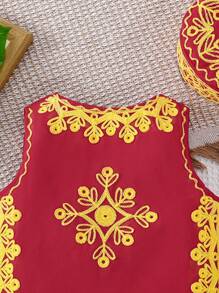 2 件男婴复古图案全身手工刺绣背心上衣 + 帽子服装，6 个月至 3 岁 - 紅色 - 查看 5