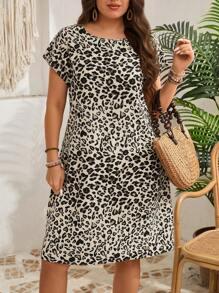 EMERY ROSE Plus Size Leopard Print Short Sleeve Casual Dress, Minimalist Fashion For Everyday Wear,Vacation Outfits Woman,Summer Clothes