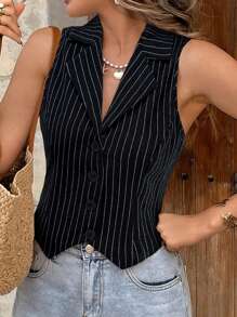 SHEIN Frenchy Áo ghi lê cổ ve kẻ sọc, cài nút đơn giản, trang phục công sở thường ngày cho nữ vào mùa thu/đông - màu đen - Xem 7