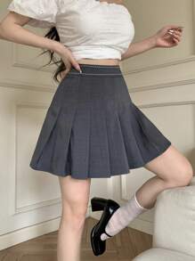 Modelyn 休闲百褶女士裙，简约时尚，适合夏季、毕业典礼 - 深灰色 - 查看 5