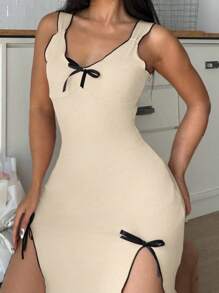 Váy ngủ không tay viền tương phản có nơ trang trí cho nữ - Màu be - Xem 3