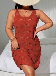SHEIN Swim Curve Plus Size Women Solid Color Round Neck Hollow Out Sleeveless Dress