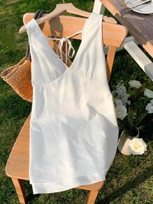 SHEIN EZwear 女士白色编织抽绳露背短款迷你连衣裙 - 白色 - 查看 5