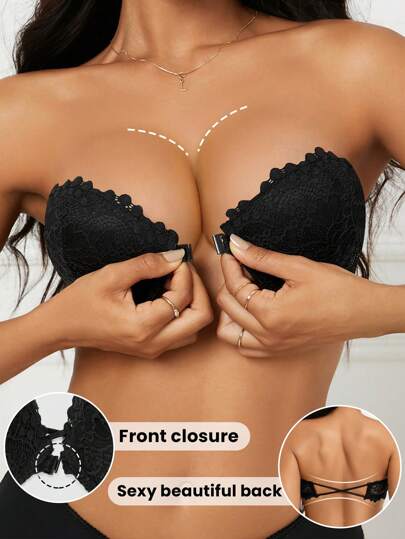 1pc Lace Strapless Front Closure Half Cup Bra, Lift And Support Small Bust, With Underwire, Removable Straps Included, Multi-Wear Way Lingerie