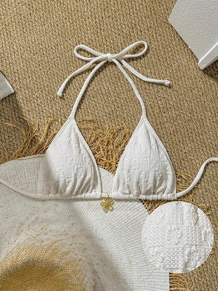 Swim Mod 1pc Women Textured Solid Color Halter Bikini Top Summer