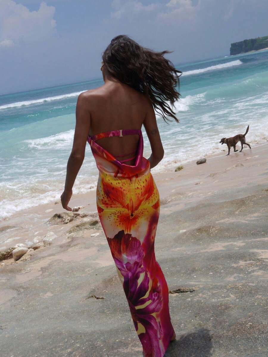 Opulessa Váy đi biển hở lưng in hoa dệt cho nữ - Màu tím - Xem 1