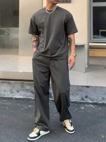 DAZY Bộ 2 áo thun tay ngắn màu trơn và quần dài cho nam, trang phục mùa hè ấm áp - Xám - Xem 6