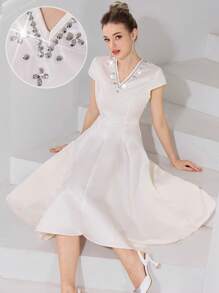 Modelyn Elegant & Glamorous Rhinestone Collar Mid-Length Dress For Women - Apricot - View 1