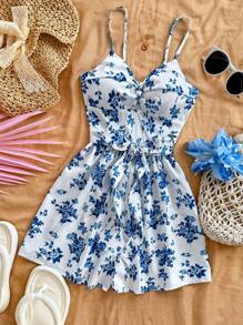 Soleia Combinaison large à jambes large avec imprimé floral romantique, à croisillon devant noué et froncé. Convient pour les vacances