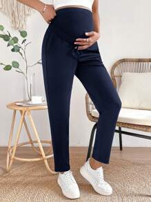 SHEIN Maternity High Waist Cone Pants, Casual Solid Color Versatile - Navy Blue - View 4