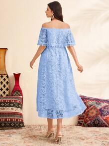 Vestido de maternidad elegante de unicolor con hombros descubiertos y encaje, para verano - Azul - Ver 2