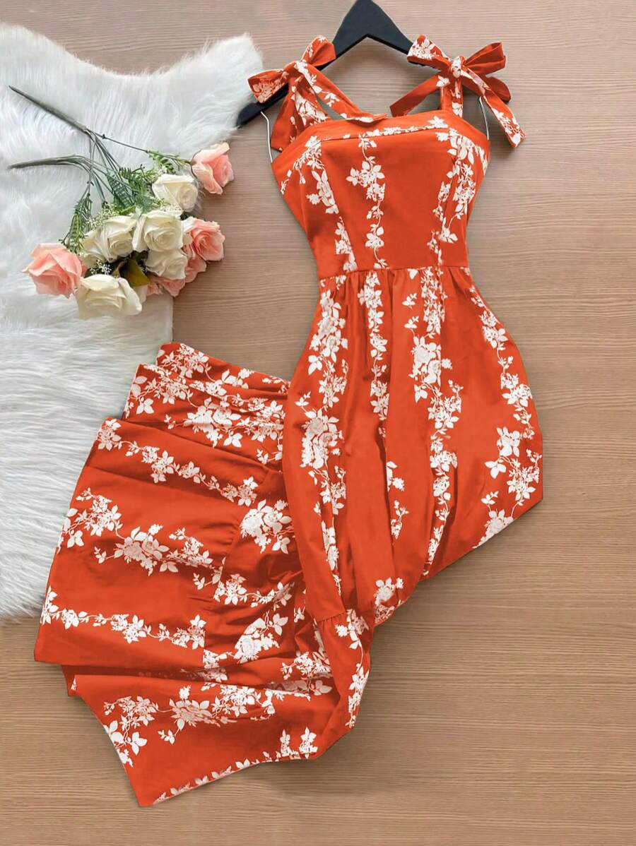 DreamSkyne 双色花卉蝴蝶结无袖连衣裙 - 橘色 - 查看 1