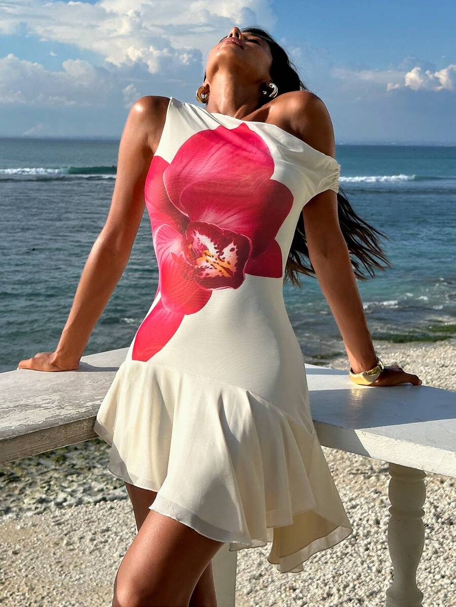 Opulessa 针织网眼印花不对称肩部不对称下摆紧身迷你连衣裙 - 杏色 - 查看 1