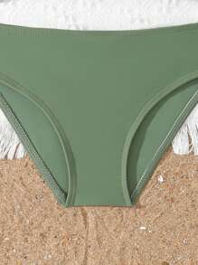SHEIN 青少年女孩纯色比基尼泳装套装，夏季海滩 - 軍綠色 - 查看 4