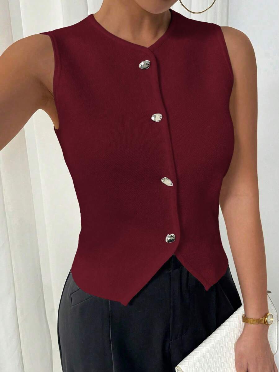 SHEIN Unity 不对称纽扣装饰女式针织背心毛衣 - 酒紅色 - 查看 1