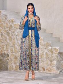 Al Najma 女士花卉印花 V 领长袖优雅阿拉伯风格连衣裙，端庄大方 - 藍色 - 查看 4