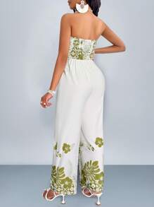 SOLERSUN Gathered Wide Leg Jumpsuit With Drawstring And Floral Leaf Print - White - View 2