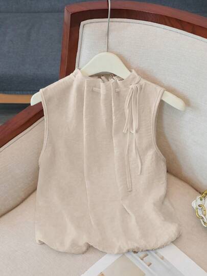 Franclia Elegant Sleeveless Elastic Hemline Loose Drawstring Collar Textured Woven White Blouse For Women, Spring/Summer