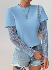 Chiquease Women's Round Neck Fashion Lace Sheer Long Sleeve T-Shirt