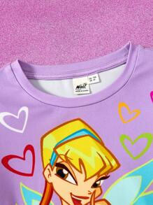 The Winx X SHEIN Young Girl Cartoon Magic Fairy Princess & Heart Print Purple Short Sleeve T-Shirt + Rainbow Mesh Puff Skirt Sweet Casual 2-Piece Set