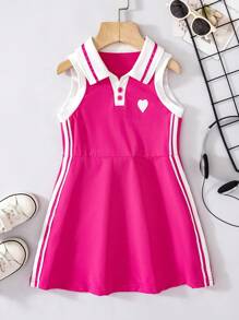 SHEIN 年轻女孩无袖简约风格方领夏季连衣裙 - 玫紅色 - 查看 2