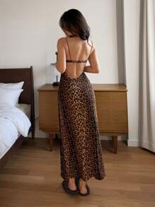 DAZY Sleeveless Spaghetti Strap Backless Leopard Print Waist Fitted Women Nightdress Pajama - Chocolate Brown - View 7