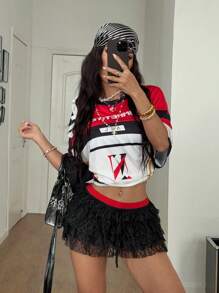 SHEIN EZwear 女士复古网眼蕾丝黑色半身裙