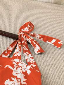 DreamSkyne 双色花卉蝴蝶结无袖连衣裙 - 橘色 - 查看 4