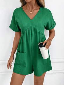 SHEIN Clasi Bộ đồ liền thân tay ngắn dệt jacquard cổ chữ V màu xanh lá cây cho nữ - Trang phục thanh lịch hàng ngày, Xuân/Hè - màu xanh lá - Xem 4