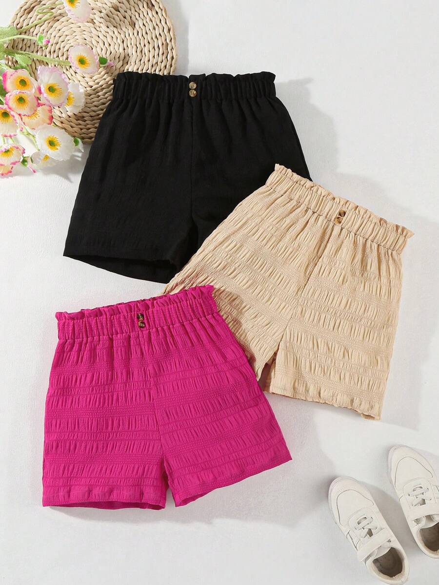 3pcs/Set Tween Girls Casual Solid Color Textured Shorts - Multicolor - View 1