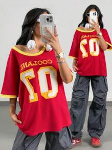 SHEIN Tween Girls Spring/Summer Casual Loose Asymmetric Neck Drop Shoulder Printed Number T-Shirt - Burgundy - View 7