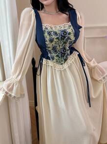 Feyla 女士休闲宽松方领长裙，适合夏季 - 米色 - 查看 4