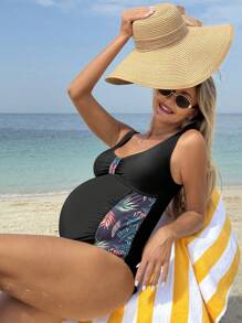 SHEIN 1pc Maternity One-Piece Swimsuit, Minimalist & Fashionable, Suitable For Summer - Multicolor - View 3