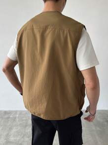 Claim Dot Men's Solid Color Multi-Pocket Casual Vest For Spring/Autumn, Zip Up Vest Jacket Summer - Khaki - View 2