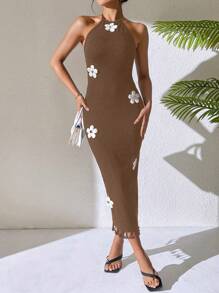 Breezaya Đầm ôm cổ hoa, tối giản và thời trang, phù hợp cho mùa hè - Cà phê nâu - Xem 4