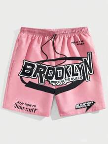 ROMWE MEN Prep 男士字母印花束腰短褲 - 彩色 - 查看 1