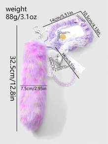 ROMWE Kawaii 1 件韩国时尚百搭优雅手工紫色毛绒绒球动物尾巴、仿水晶猫眼珠、白色网状蝴蝶结、CCB 水钻心形星花钥匙扣和卡夹配件，适合女士和女孩日常佩戴、礼物 - 紫色 - 查看 4