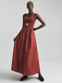 Ontre Váy dài hở lưng màu trơn 2025 dành cho nữ, thời trang mặc mùa hè, phong cách Bohemian, đảo Ibiza, váy đỏ - màu nâu - Xem 6