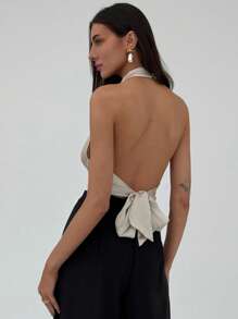 Aloruh Blouse femme plissée à col en V croisé de couleur unie - Nude - Voir 6