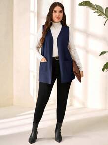 EMERY ROSE Plus Size Solid Color Sleeveless Loose Pocket Simple Casual Jacket,Spring/Summer In Fall/Winter - Navy Blue - View 3